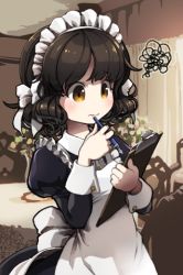 Rule 34 | 1girl, apron, black hair, blunt bangs, clipboard, female focus, flat chest, flower, frills, indoors, lowres, maid, maid apron, maid headdress, pen, solo, sword girls, yellow eyes