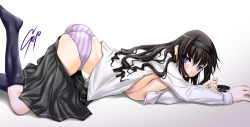 Rule 34 | 1girl, amagami, ass, black hair, blue eyes, blush, breasts, female focus, gradient background, hairband, large breasts, long hair, morishima haruka, no bra, panties, skirt, solo, soyosoyo, striped clothes, striped panties, underwear, undressing, very long hair, white background