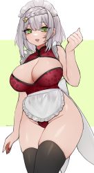 Rule 34 | 1girl, absurdres, alternate breast size, apron, black thighhighs, blunt bangs, braid, breasts, china dress, chinese clothes, cleavage, cleavage cutout, clothing cutout, cowboy shot, dress, genshin impact, green eyes, grey hair, groin, highleg, highleg leotard, highres, large breasts, leotard, maid, maid headdress, nemuaki, noelle (genshin impact), open mouth, red dress, red leotard, short hair, smile, solo, thick thighs, thighhighs, thighs