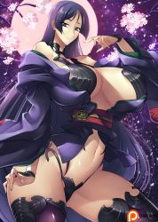 Rule 34 | 1girl, absurdres, breasts, cosplay, cup, curvy, fate/grand order, fate (series), haganef, highres, horns, huge breasts, japanese clothes, kimono, long hair, looking at viewer, low-tied long hair, minamoto no raikou (fate), open clothes, open kimono, purple eyes, purple hair, purple kimono, revealing clothes, sakazuki, shuten douji (fate), shuten douji (fate) (cosplay), skin-covered horns, smile, solo, very long hair
