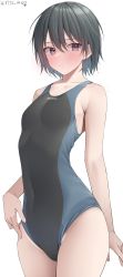 Rule 34 | 1girl, absurdres, amagami, bare shoulders, black hair, black one-piece swimsuit, blush, breasts, commentary, competition swimsuit, grey eyes, highres, kawai ritsu (rits meg), looking at viewer, nanasaki ai, one-piece swimsuit, short hair, simple background, small breasts, solo, swimsuit, thighs, white background