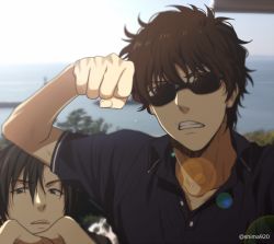 Rule 34 | 2boys, angry, black hair, black shirt, blurry, blurry background, casual, clenched hand, clenched teeth, collared shirt, commentary request, hagiwara kenji, hair between eyes, head rest, imminent punch, incoming attack, incoming punch, looking at viewer, male focus, mashima shima, matsuda jinpei, meitantei conan, multiple boys, plant, punching, shirt, sky, sunglasses, teeth, twitter username, upper body
