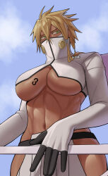 Rule 34 | 1girl, abs, arrancar, artist name, black gloves, bleach, blonde hair, blue eyes, breasts, cleavage, collarbone, covered mouth, cropped jacket, dark-skinned female, dark skin, facial mark, gloves, green eyes, gud0c, hair between eyes, hand on railing, highres, jacket, large breasts, long hair, looking at viewer, looking to the side, mask, mouth mask, navel, railing, revealing clothes, solo, tattoo, tier harribel, toned, underboob, white gloves, white jacket