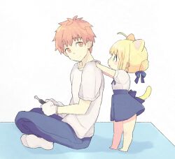 Rule 34 | 1boy, 1girl, 87banana, aged down, ahoge, animal ears, artoria pendragon (all), artoria pendragon (fate), barefoot, blonde hair, blouse, blue bow, blue pants, blue skirt, bow, braid, brown eyes, cat ears, cat tail, emiya shirou, fate/stay night, fate (series), french braid, gloves, green eyes, hair bow, hair bun, hand on another&#039;s shoulder, holding, holding screwdriver, pants, red hair, saber (fate), screwdriver, shirt, skirt, socks, tail, white shirt