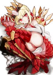 Rule 34 | 1girl, absurdres, ahoge, ass, bikini, blonde hair, braid, breasts, criss-cross halter, crown, dragon claw, dragon tail, elbow gloves, facial mark, fate/grand order, fate (series), french braid, gloves, hair bun, hair intakes, hair ribbon, halterneck, highres, kebab (blackdoll), long hair, looking at viewer, lying, nero claudius (fate), nero claudius (fate) (all), off shoulder, on side, pointy ears, queen draco (fate), queen draco (second ascension) (fate), red bikini, red eyes, red ribbon, ribbon, robe, scales, single glove, small breasts, solo, swimsuit, tail, white gloves, white robe