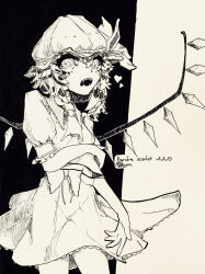 Rule 34 | 1girl, ascot, character name, collared shirt, cowboy shot, crystal, flandre scarlet, frilled shirt collar, frilled skirt, frilled sleeves, frills, hair between eyes, harucyon4, hat, heart, highres, looking at viewer, medium hair, mob cap, monochrome, open mouth, puffy short sleeves, puffy sleeves, shirt, short sleeves, skirt, solo, teeth, touhou, traditional media, vest, wings