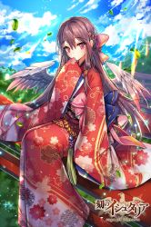 Rule 34 | 1girl, age of ishtaria, blue sky, bow, brown hair, copyright name, day, feathered wings, floating hair, floral print, hair between eyes, hair bow, japanese clothes, kimono, long hair, long sleeves, looking at viewer, outdoors, pink bow, pink eyes, pointy ears, print kimono, red kimono, sila (carpen), sky, solo, sunlight, very long hair, white wings, wide sleeves, wings