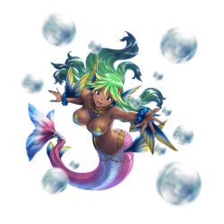 Rule 34 | 1girl, bikini, bikini top only, blue eyes, breasts, bubble, circlet, dark skin, dark-skinned female, fins, floating hair, full body, gradient hair, green hair, head fins, large breasts, long hair, looking at viewer, mermaid, monster girl, motion blur, multicolored hair, nail polish, navel, official art, outstretched arm, outstretched hand, scrunchie, simple background, sirenetta (wonderland wars), solo, starfish hair ornament, swimsuit, white background, wonderland wars, wrist scrunchie
