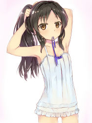 Rule 34 | 10s, 1girl, absurdres, armpits, arms behind head, arms up, bare shoulders, black hair, brown eyes, collarbone, commentary request, flat chest, hair tie, highres, idolmaster, idolmaster cinderella girls, long hair, looking at viewer, mouth hold, partially visible vulva, ponytail, see-through, seneto, shiny skin, simple background, solo, tachibana arisu