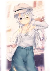 Rule 34 | 1girl, absurdres, alternate costume, bare shoulders, blue eyes, blush, breasts, cabbie hat, closed mouth, hair between eyes, hair ornament, hairclip, hat, hibiki (kancolle), highres, kantai collection, long hair, long sleeves, looking at viewer, off-shoulder shirt, off shoulder, one eye closed, shirt, silver hair, small breasts, solo, star (symbol), uzuki tsukuyo, verniy (kancolle)