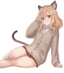 Rule 34 | 1girl, animal ears, arm support, artist request, bare legs, blonde hair, blush, brown eyes, cardigan, cat ears, cat tail, dated, looking at viewer, meto31, original, school uniform, short hair, simple background, sitting, sleeves past wrists, smile, solo, tail, white background, wide hips