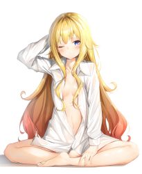 Rule 34 | 1girl, arm behind head, arm up, bare legs, barefoot, blonde hair, blue eyes, blush, breasts, butterfly sitting, closed mouth, collarbone, collared shirt, commentary request, gabriel dropout, gabriel tenma white, highres, long hair, long sleeves, looking at viewer, messy hair, no bra, no panties, one eye closed, open clothes, open shirt, panties, shadow, shiero., shirt, simple background, sitting, small breasts, solo, thighs, underwear, very long hair, white background, white panties, white shirt