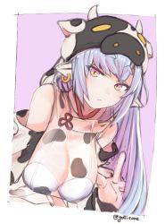 Rule 34 | 1girl, animal ears, animal print, bare shoulders, bikini, blue hair, blush, border, breasts, catura (granblue fantasy), closed mouth, cow ears, cow girl, cow hat, cow horns, cow print, detached sleeves, draph, ear piercing, gollizo, granblue fantasy, hat, horns, large breasts, leaning forward, long hair, looking at viewer, navel, piercing, pointy ears, purple background, see-through, solo, swimsuit, white bikini, white border, wide sleeves, yellow eyes