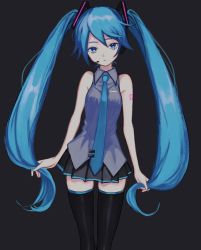 Rule 34 | 1girl, arms at sides, bad id, bad twitter id, black background, black skirt, blue eyes, blue hair, blue nails, blue necktie, breasts, expressionless, eyelashes, fingernails, grey shirt, hair between eyes, hatsune miku, headset, highres, long hair, looking at viewer, nail polish, necktie, p2 (uxjzz), pleated skirt, shirt, simple background, skirt, sleeveless, sleeveless shirt, small breasts, solo, thighhighs, thighs, twintails, very long hair, vocaloid, zettai ryouiki