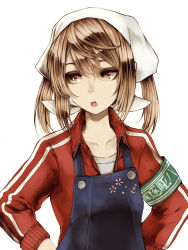 Rule 34 | 1girl, alternate costume, alternate hairstyle, anchor symbol, apron, armband, bandana, black apron, brown eyes, collarbone, green armband, hands on own hips, jacket, kantai collection, kurou (bcrow), light brown hair, looking to the side, michishio (kancolle), red jacket, short hair, simple background, solo, track jacket, upper body, white background
