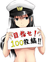 Rule 34 | 1girl, black eyes, black hair, breasts, convenient censoring, hat, holding, holding sign, isosceles triangle (xyzxyzxyz), long hair, medium breasts, navel, nude, peaked cap, sign, simple background, smile, solo, strike witches, translation request, underboob, white background, world witches series, yokokawa kazumi