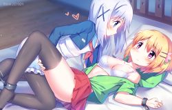 Rule 34 | 2girls, artist name, ass, bad id, bad pixiv id, baozishark, bare shoulders, bed, black legwear, blonde hair, blue eyes, blue jacket, blush, bra, breasts, chain, collarbone, commentary request, cropped jacket, cuffs, dated, dress, eye contact, feet, feet out of frame, from side, gochuumon wa usagi desu ka?, green jacket, hair between eyes, hair ornament, hairclip, heart, highres, hood, hooded jacket, hoto cocoa, indoors, jacket, kafuu chino, kneeling, long hair, long sleeves, looking at another, lying, medium breasts, miniskirt, multiple girls, neckerchief, no shoes, off shoulder, on back, open clothes, open jacket, pantyhose, petticoat, pillow, pleated skirt, profile, purple eyes, red neckerchief, red skirt, restrained, sailor collar, sailor dress, shackles, shadow, short dress, short hair, short sleeves, silver hair, skirt, thighhighs, thighs, underwear, white bra, white dress, wooden floor, x hair ornament, yuri