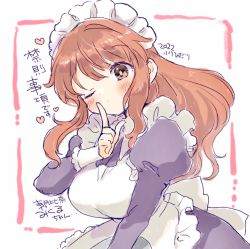 Rule 34 | 1girl, 2022, apron, asahina mikuru, blush, brown eyes, closed mouth, commentary request, dress, finger to mouth, heart, highres, long hair, long sleeves, looking at viewer, maid, maid apron, maid headdress, official alternate costume, ogawa hidari, one eye closed, orange hair, puffy long sleeves, puffy sleeves, purple dress, solo, suzumiya haruhi no yuuutsu, translation request, white apron
