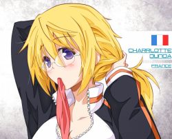 Rule 34 | 10s, 1girl, adjusting hair, blonde hair, blue eyes, blush, charlotte dunois, convexer (102), glasses, infinite stratos, jacket, mouth hold, raglan sleeves, solo, track jacket, typo