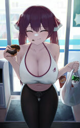 Rule 34 | 1girl, absurdres, alternate costume, bag, bexercube, breasts, can, closed eyes, closed mouth, convenience store, doughnut, eating, fang, food, food on face, happy, highres, holding, holding food, hololive, houshou marine, indoors, large breasts, long hair, pants, red hair, shop, shopping bag, solo, sports bra, sportswear, thigh gap, twintails, virtual youtuber, white sports bra, yoga pants