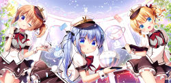 Rule 34 | 3girls, :d, ;q, blonde hair, blue eyes, blue hair, bowl, coffee cup, commentary request, confetti, cup, disposable cup, frilled skirt, frills, gochuumon wa usagi desu ka?, hair between eyes, hat, hoto cocoa, in bowl, in container, index finger raised, kafuu chino, kirima syaro, long hair, looking at viewer, multiple girls, one eye closed, open mouth, puffy short sleeves, puffy sleeves, purple eyes, red neckwear, sasai saji, short hair, short shorts, short sleeves, shorts, skirt, smile, spoon, tippy (gochiusa), tongue, tongue out, twintails, uneven twintails, uniform, waitress, wrist cuffs