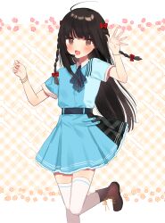 Rule 34 | 1girl, absurdres, ascot, belt, blue ascot, blue belt, blue dress, blush, bow, bracelet, braid, brown eyes, brown footwear, brown hair, commentary request, dress, earpiece, floating hair, hair bow, highres, jewelry, kitanai kimi ga ichiban kawaii, long hair, manio, no pupils, open mouth, pleated dress, red bow, sezaki airi, short sleeves, side braids, solo, sparkle, standing, standing on one leg, thighhighs, very long hair, waving, white thighhighs, zettai ryouiki