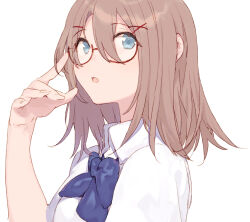 Rule 34 | 1girl, :o, adjusting eyewear, bad id, bad pixiv id, blue bow, blue bowtie, blue eyes, bow, bowtie, brown hair, collared shirt, fifuth, glasses, hair between eyes, hair ornament, hairclip, hand up, looking at viewer, medium hair, open mouth, original, parted lips, red-framed eyewear, school uniform, shirt, short sleeves, simple background, solo, upper body, white background, white shirt, x hair ornament