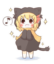 Rule 34 | 1girl, animal costume, bad id, bad pixiv id, blonde hair, blush, brown eyes, cat costume, cat tail, chibi, embodiment of scarlet devil, fang, female focus, kemonomimi mode, musical note, open mouth, rumia, scarf, sleeves past wrists, solo, south114, spoken musical note, standing, tail, touhou