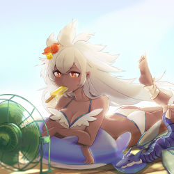 Rule 34 | 1girl, ass, bare shoulders, barefoot, bikini, blue sky, collarbone, commentary request, dark-skinned female, dark skin, day, dragon, electric fan, food, food in mouth, granblue fantasy, hair between eyes, highres, inflatable dolphin, inflatable toy, long hair, nowherearora, orange eyes, popsicle, sidelocks, sky, solo, swimsuit, white background, white bikini, wooden floor, zooey (granblue fantasy), zooey (summer) (granblue fantasy)