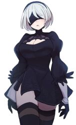 Rule 34 | 1girl, black blindfold, black dress, black gloves, black thighhighs, blindfold, breasts, cleavage cutout, clothing cutout, do m kaeru, dress, facing viewer, gloves, juliet sleeves, large breasts, long sleeves, mole, mole under mouth, nier:automata, nier (series), parted lips, puffy sleeves, short hair, solo, thighhighs, thighs, white hair, 2b (nier:automata)