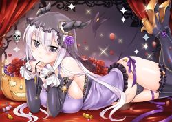 Rule 34 | 1girl, arm belt, bare shoulders, basket, belt, black panties, blouse, blush, breasts, candy, closed mouth, cross, cross necklace, curtains, demon horns, demon tail, detached sleeves, eyebrows, eyes visible through hair, female focus, flower, food, frilled thighhighs, frills, glasses, groin, hair flower, hair ornament, halloween, high heels, horns, indoors, jack-o&#039;-lantern, jewelry, lace, large breasts, leg ribbon, long hair, looking at viewer, lying, midriff, miyuki rei, nail polish, navel, necklace, on side, original, own hands together, panties, petals, purple eyes, purple flower, purple nails, purple ribbon, purple rose, purple shirt, red-framed eyewear, red flower, red rose, ribbon, rose, see-through, shirt, sideboob, skull, smile, solo, sparkle, string panties, tail, thigh ribbon, thighhighs, thorns, underwear, veil, very long hair, white hair, wrist cuffs