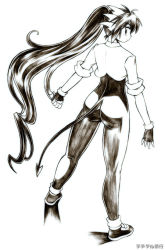 Rule 34 | 1girl, ass, blush, demon tail, fingerless gloves, from behind, gloves, gomamiso (gomamiso sp), long hair, looking back, miwajou, original, simple background, sleeves rolled up, solo, tail, very long hair, white background