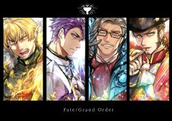Rule 34 | 4boys, alternate costume, armor, beard, black border, blonde hair, blue eyes, border, brown hair, cape, chain, cigar, closed mouth, collar, copyright name, epaulettes, facial hair, fate/extra, fate/grand order, fate (series), feather collar, fighting stance, formal, from side, gawain (fate), glasses, gloves, glowing, goatee, gradient hair, grey hair, hat, highres, holy grail (fate), james moriarty (archer) (fate), knight, knights of the round table (fate), lancelot (fate/grand order), long sideburns, long sleeves, looking at viewer, male focus, military, military uniform, multicolored hair, multiple boys, mustache, napoleon bonaparte (fate), necktie, open mouth, pectorals, purple eyes, purple hair, sash, sideburns, smile, smirk, smoking, sparkle, tight clothes, uniform, v, vest, weapon, white armor, white background, yellow eyes, zuman (zmnjo1440)