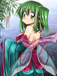 Rule 34 | 1girl, alternate costume, ase (nigesapo), bare shoulders, blush, breasts, circled 9, daiyousei, earrings, fairy, female focus, gradient background, green eyes, green hair, hair ribbon, japanese clothes, jewelry, kimono, large breasts, looking at viewer, looking back, matching hair/eyes, off shoulder, official art, ribbon, side ponytail, smile, solo, tanabata, touhou