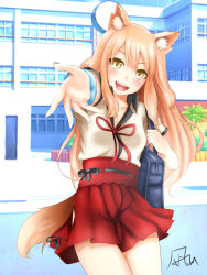 Rule 34 | 1girl, animal ears, blush, breasts, cleavage, fate/extra ccc fox tail, fate/grand order, fate (series), japanese clothes, long hair, looking at viewer, medium breasts, open mouth, orange hair, skirt, smile, solo, suzuka gozen (fate), tail, yellow eyes