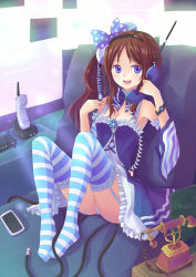 Rule 34 | 1girl, :d, antique phone, armpits, bare shoulders, blue eyes, blush, bow, breasts, brown hair, cable, cellphone, cleavage, corded phone, detached collar, detached sleeves, dress, female focus, frilled dress, frilled thighhighs, frills, garter belt, garter straps, hairband, highres, holding, indoors, leaning back, legs, long hair, looking at viewer, medium breasts, no shoes, open mouth, original, phone, rotary phone, side ponytail, sitting, smile, solo, striped clothes, striped thighhighs, suikakitsu shiro, talking on phone, thighhighs, uniform, watch, wire, wristwatch