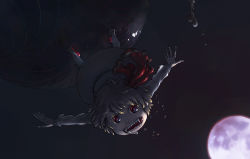 Rule 34 | 1girl, bone, darkness, fangs, female focus, full moon, gradient background, moon, night, outdoors, rumia, saliva, sky, solo, tongue, touhou, upside-down, yst
