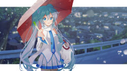 Rule 34 | 1girl, bag, blue eyes, blue hair, blue necktie, border, building, commentary, cowboy shot, detached sleeves, food, grey skirt, guard rail, hand up, hatsune miku, holding, holding bag, holding food, holding spring onion, holding umbrella, holding vegetable, kawanobe, letterboxed, light blue hair, long hair, looking at viewer, miniskirt, necktie, night, open mouth, outdoors, pleated skirt, road, scarf, shirt, shopping bag, skirt, sleeveless, sleeveless shirt, smile, snowflake print, snowing, solo, spring onion, standing, town, tree, twintails, umbrella, vegetable, very long hair, vocaloid, white border, white scarf, white shirt, white sleeves, yuki miku, yuki miku (2011)