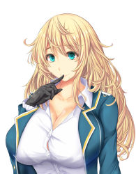 Rule 34 | 1girl, atago (kancolle), black gloves, blonde hair, blue jacket, breasts, collarbone, collared shirt, gloves, green eyes, highres, jacket, kantai collection, large breasts, long hair, long sleeves, military, military uniform, open clothes, open jacket, shirt, simple background, smile, solo, uniform, upper body, white background, white shirt, zatma0041