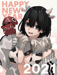 Rule 34 | 1girl, 2021, absurdres, animal ears, animal print, bell, bikini, black eyes, black hair, breasts, chinese zodiac, commentary, cow ears, cow horns, cow print, cowbell, english text, fur collar, grey jacket, happy new year, highres, horns, jacket, kogeta kaori, large breasts, looking at viewer, neck bell, new year, off shoulder, open clothes, open jacket, open mouth, original, print bikini, print jacket, short hair, smile, solo, swimsuit, upper body, v, white bikini, year of the ox