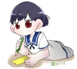 Rule 34 | 1girl, amputee, bandages, black hair, blue sailor collar, bookmark, brown eyes, dated, double amputee, dress, hiburi (kancolle), kantai collection, legless amputee, low ponytail, lying, on stomach, pencil, sailor collar, sailor dress, short hair, short sleeves, simple background, solo, tsubutarou, white background, white dress