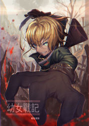 Rule 34 | 10s, 1girl, ahoge, black gloves, blonde hair, blood, blue eyes, chromatic aberration, clenched teeth, cross, foreshortening, gloves, grin, iron cross, knife, long sleeves, looking at viewer, military, military uniform, open mouth, short hair, smile, solo, tanya degurechaff, teeth, uniform, weapon, xiaosan ye, youjo senki