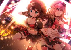 Rule 34 | 2girls, asymmetrical legwear, black footwear, black gloves, black jacket, black skirt, boots, breasts, brown hair, character request, cleavage, crop top, dutch angle, fingerless gloves, floating hair, garter straps, gloves, green eyes, grin, guitar, hat, highres, holding, holding instrument, holding microphone, idol, instrument, jacket, key visual, large breasts, leg up, lirerevolt, long hair, looking at viewer, microphone, midriff, miniskirt, multiple girls, navel, official art, open clothes, open jacket, pink legwear, pleated skirt, promotional art, red eyes, red hat, red legwear, short sleeves, skirt, smile, stage, thighhighs, uneven legwear, very long hair, wrist cuffs