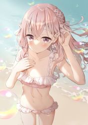 Rule 34 | 1girl, absurdres, arm up, bare arms, bare shoulders, beach, bikini, blush, bow, braid, breasts, bubble, closed mouth, collarbone, dated, day, earrings, frilled bikini, frills, grey eyes, hair between eyes, hair bow, hand on own chest, highres, inui sajuna, jewelry, long hair, neki (wakiko), outdoors, pink bikini, pink hair, sand, signature, small breasts, solo, sono bisque doll wa koi wo suru, standing, swimsuit, very long hair, water, white bow