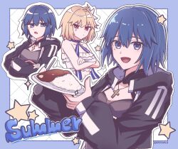 2girls :d anger_vein arcueid_brunestud aroma_(aaaaroma_6) back-to-back bikini black_jacket blonde_hair blue_border blue_eyes blue_hair border breasts c.i.e.l_(fate) choker ciel_(swimsuit_mooncancer)_(fate) ciel_(tsukihime) closed_mouth cross cross_necklace crossed_arms curry curry_rice fate/grand_order fate_(series) food highres holding holding_plate jacket jewelry latin_cross long_sleeves looking_at_viewer medium_breasts multiple_girls necklace open_clothes open_jacket open_mouth plate ribbon_choker rice short_hair smile star_(symbol) swimsuit tsukihime white_background white_bikini