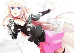 Rule 34 | 1girl, bare shoulders, bird, blonde hair, blue eyes, braid, choker, feathers, ia (vocaloid), long hair, looking at viewer, microphone, microphone stand, music, open mouth, piano (agneschen), simple background, singing, single thighhigh, skirt, solo, thigh strap, thighhighs, twin braids, very long hair, vintage microphone, vocaloid, white background