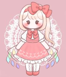 Rule 34 | 1girl, blush, bow, bowtie, chibi, commentary request, crystal, doily, flandre scarlet, full body, hair bow, highres, looking at viewer, low wings, mitama311, no headwear, no mouth, no nose, one side up, pink background, red bow, red bowtie, red skirt, red vest, simple background, skirt, skirt set, solo, standing, straight-on, touhou, vest, wings