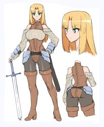 Rule 34 | 1girl, armor, ass, blonde hair, breasts, full body, green eyes, highres, knight, leotard, medium breasts, solo, sword, weapon