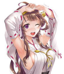 Rule 34 | 10s, 1girl, ;d, ahoge, armpits, arms up, artist name, bare shoulders, blush, breasts, breath, brown hair, crying, crying with eyes open, detached sleeves, drooling, headgear, japanese clothes, kantai collection, kimono, kongou (kancolle), long hair, long sleeves, looking at viewer, medium breasts, nontraditional miko, one eye closed, open mouth, purple eyes, raised eyebrows, red ribbon, ribbon, ribbon-trimmed sleeves, ribbon trim, sage joh, saliva, shiny skin, sideboob, sidelocks, simple background, sleeveless, sleeveless kimono, smile, solo, sweat, tears, teeth, trembling, upper body, white background, wide sleeves