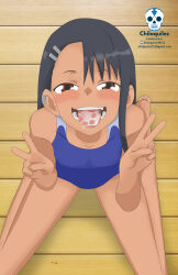 Rule 34 | 1girl, absurdres, after fellatio, black hair, blush, chilaquiles, competition swimsuit, cum, cum in mouth, dark-skinned female, dark skin, female focus, highres, ijiranaide nagatoro-san, looking at viewer, nagatoro hayase, one-piece swimsuit, pov, swimsuit, v